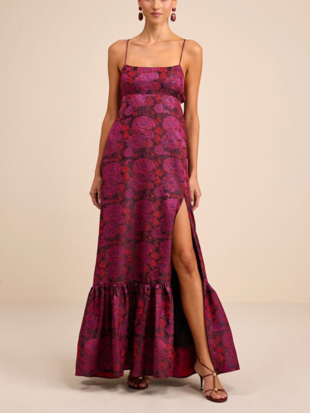 Lulus Jasiel Burgundy Jacquard Lace-up Tiered Maxi Dress - Size S